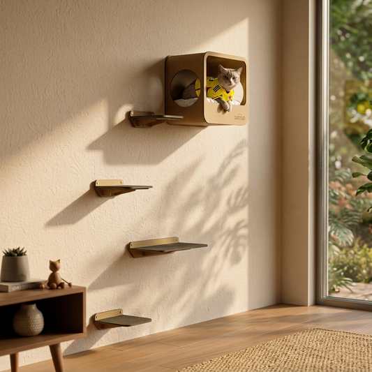 Gimnasio para Gatos de Pared COMBO D — Estantes y Cueva Madera MDF