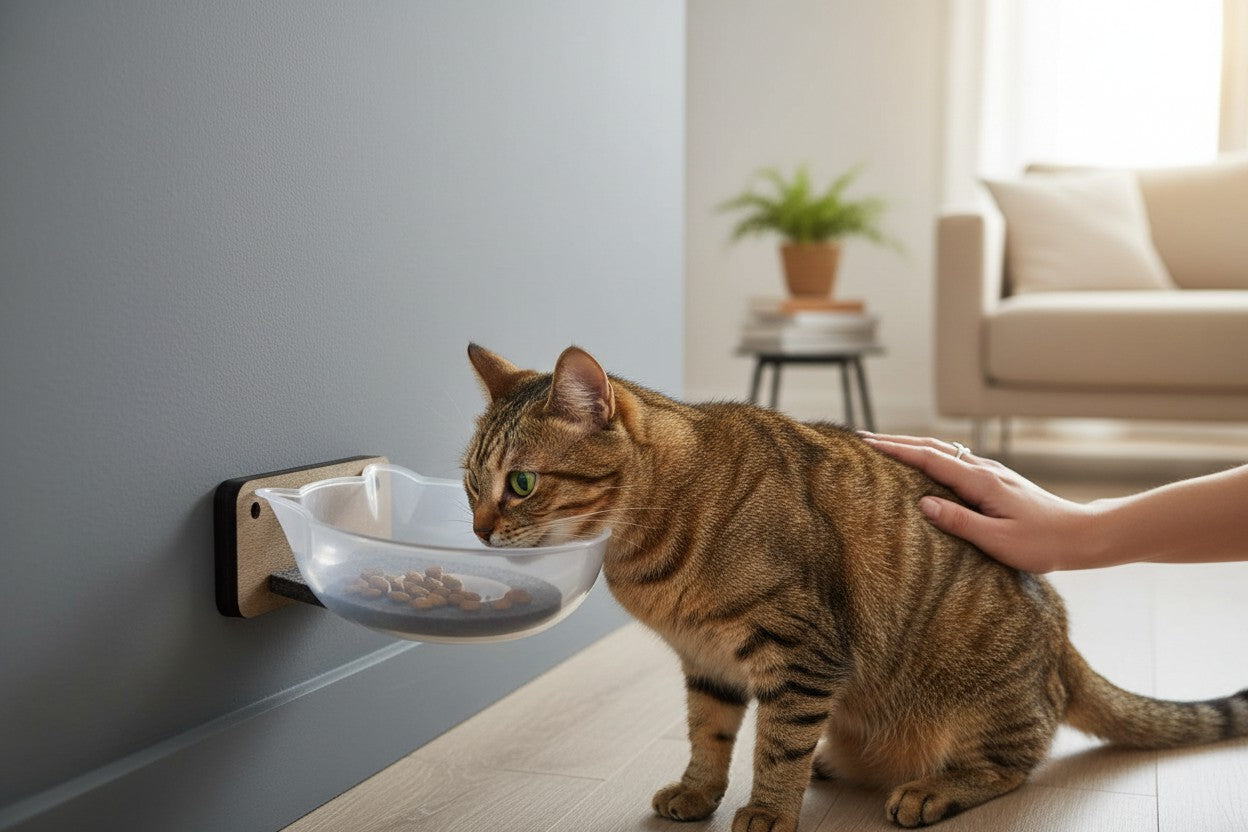 Comedero de Pared Individual para Gatos — Madera MDF CUENCO plastico Colombia
