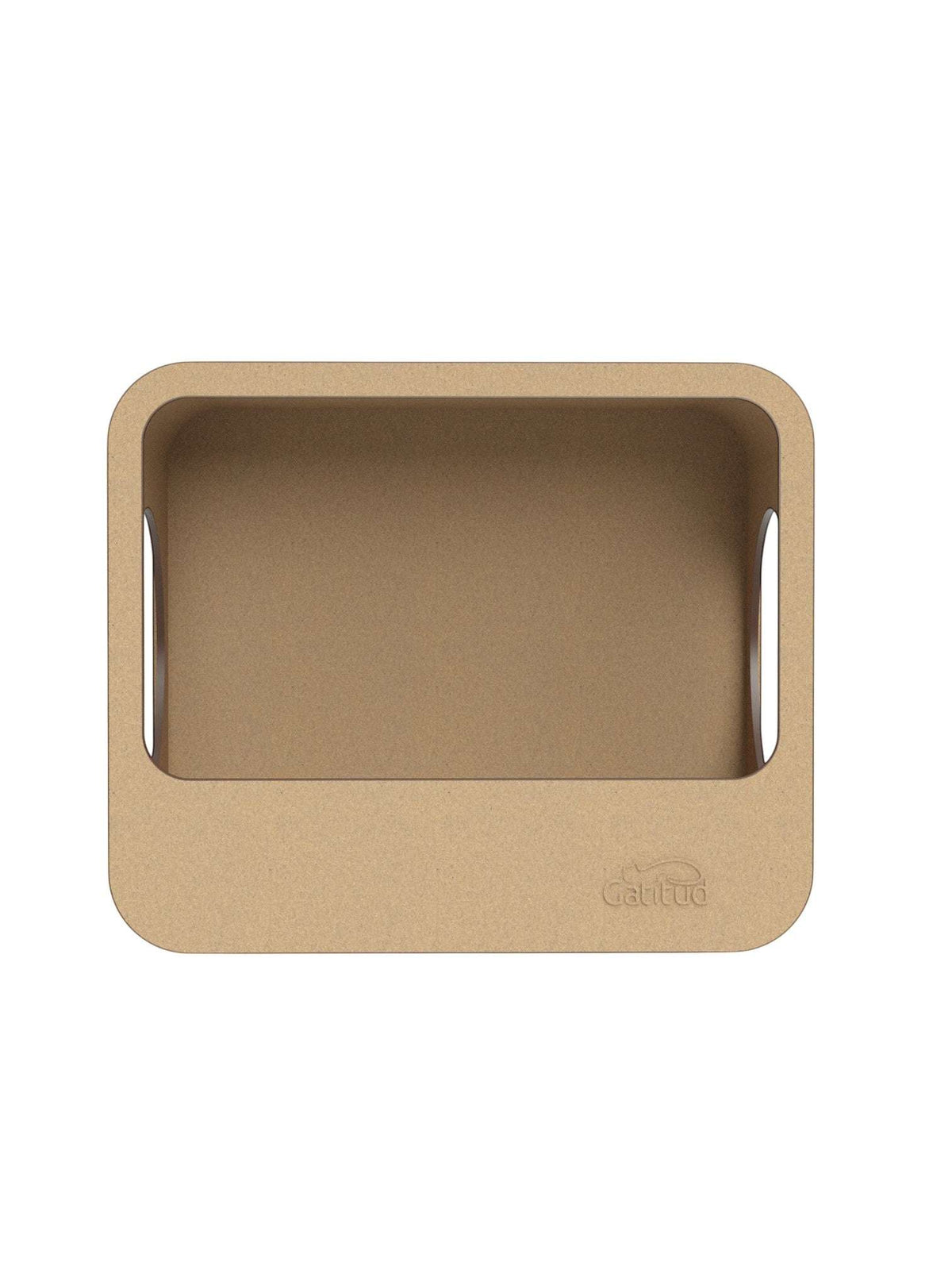 Gatitud Store beige cardboard rectangular wall cat perch with two circular openings.