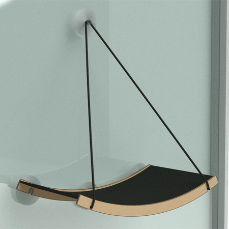 Gatitud Store medium-sized black fabric cat hammock with tan wood trim, attaches to window with suction cups.