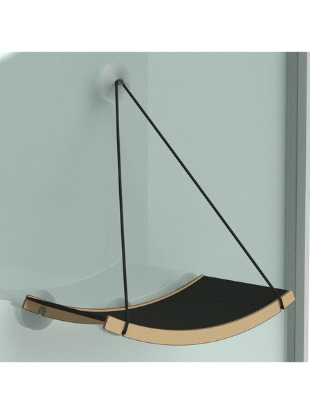 Gatitud Store medium-sized black fabric cat hammock with tan wood trim, attaches to window with suction cups.