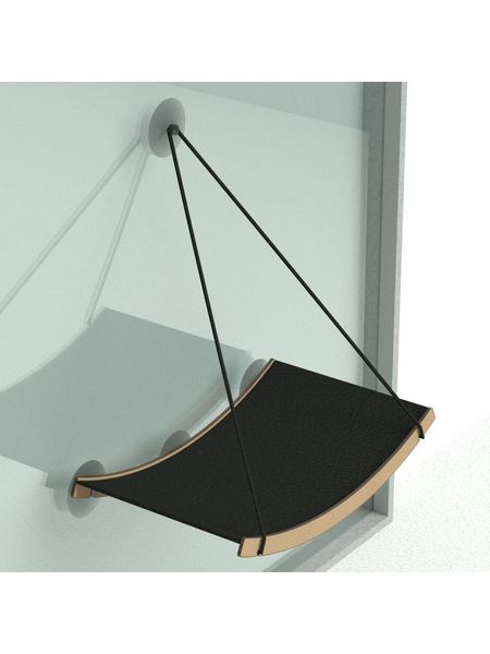 Gatitud Store black fabric cat hammock with wooden trim, attaches to window with suction cups.