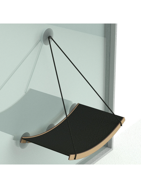 Gatitud Store black fabric cat hammock with wooden trim, attaches to window with suction cups.