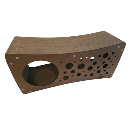 Gatitud Store modern brown cardboard cat condo with multiple openings and a large circular entrance.