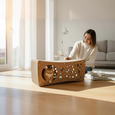 Gatitud Store modern cardboard cat condo with multiple openings, a cozy hideaway and scratching surface for cats.