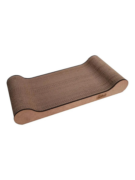Gatitud Store horizontal corrugated cardboard cat scratcher with wooden edges, doubles as a toy and bed.