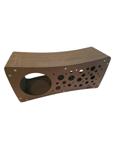 Gatitud Store CUEVA cat scratcher made of corrugated cardboard with MDF edges and multiple holes for play and rest.