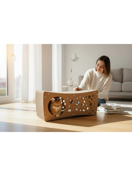 Gatitud Store Cueva corrugated cardboard cat scratcher with MDF wood edges and decorative holes. Features a cozy interior for cats.