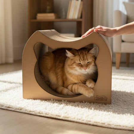 Gatitud Store medium corrugated cardboard cat scratcher hideaway with cat-shaped entrance.
