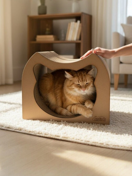Gatitud Store medium corrugated cardboard cat scratcher hideaway with cat-shaped entrance.