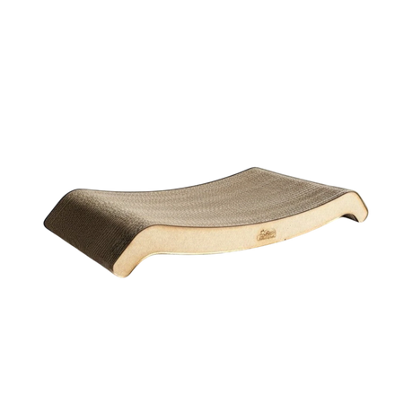 Gatitud Store brown curved cardboard cat scratcher lounger for cats to scratch and relax.