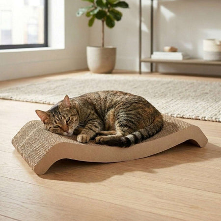 Gatitud Store brown corrugated cardboard cat scratcher lounger with curved design, a tabby cat resting on it.
