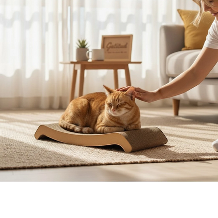 Gatitud Store brown corrugated cardboard cat scratcher lounger with curved design, an orange tabby cat resting on it.