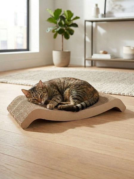 Gatitud Store brown corrugated cardboard cat scratcher lounger with curved design, a tabby cat resting on it.