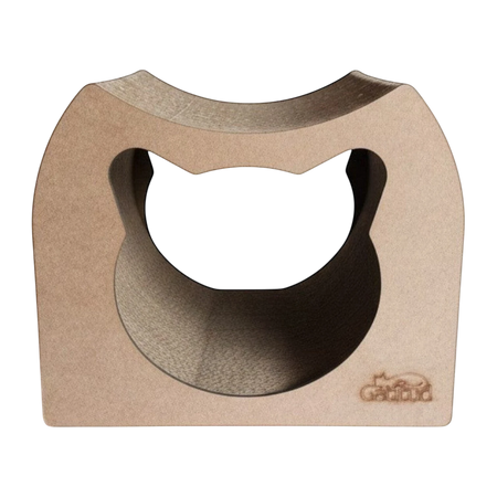 Gatitud Store cardboard cat scratcher tunnel with cat-shaped entrance, beige corrugated material.
