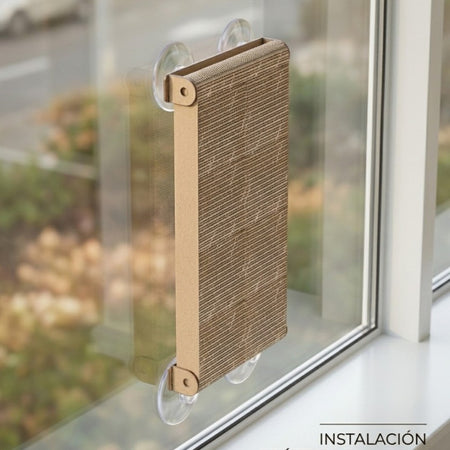 Gatitud Store cardboard cat scratching pad with suction cups for window mounting. Natural brown.