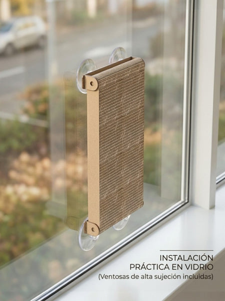 Gatitud Store cardboard cat scratching pad with suction cups for window mounting. Natural brown.
