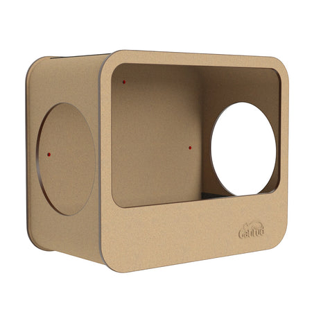 Gatitud Store modern rectangular cardboard cat wall perch with two circular openings and rounded edges.