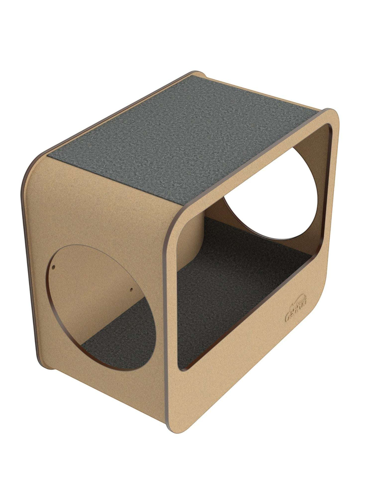 Gatitud Store modern rectangular cardboard cat wall perch with two circular openings and grey carpeted surfaces.