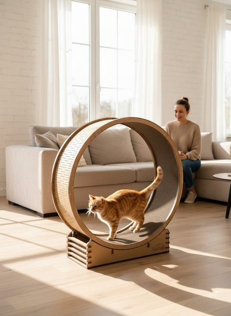 Gatitud Store reinforced cat exercise wheel, 100cm diameter, made of MDF with anti-slip fabric interior for traction.