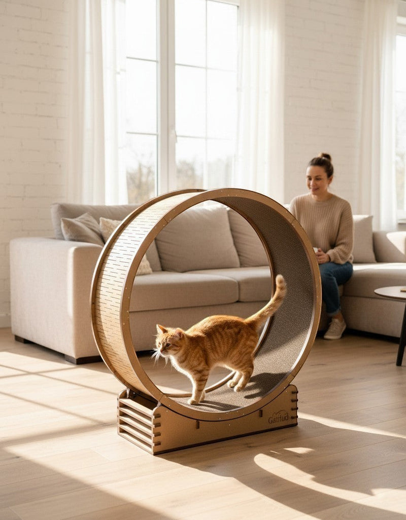 Gatitud Store reinforced cat exercise wheel, 100cm diameter, made of MDF with anti-slip fabric interior for traction.
