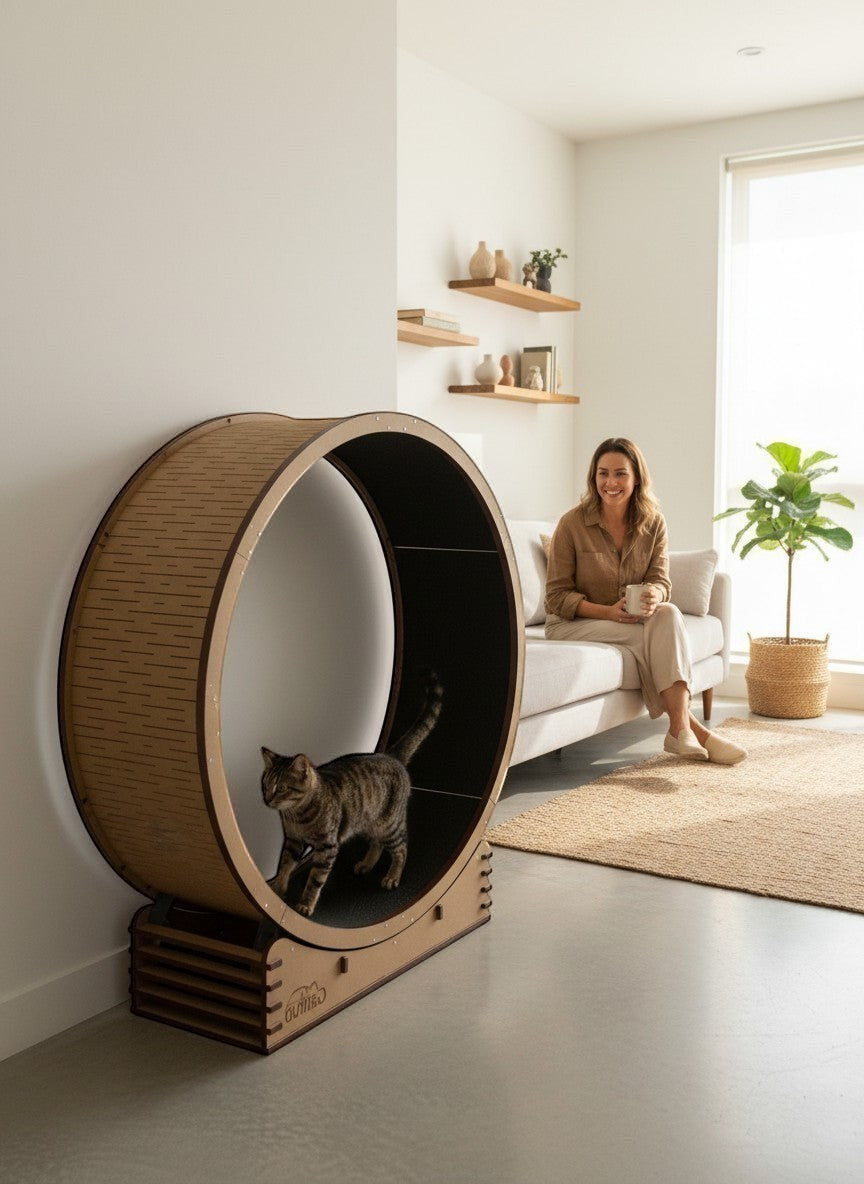 Gatitud Store reinforced cat exercise wheel, 100cm diameter, made of MDF with anti-slip fabric interior. A tabby cat is walking inside.