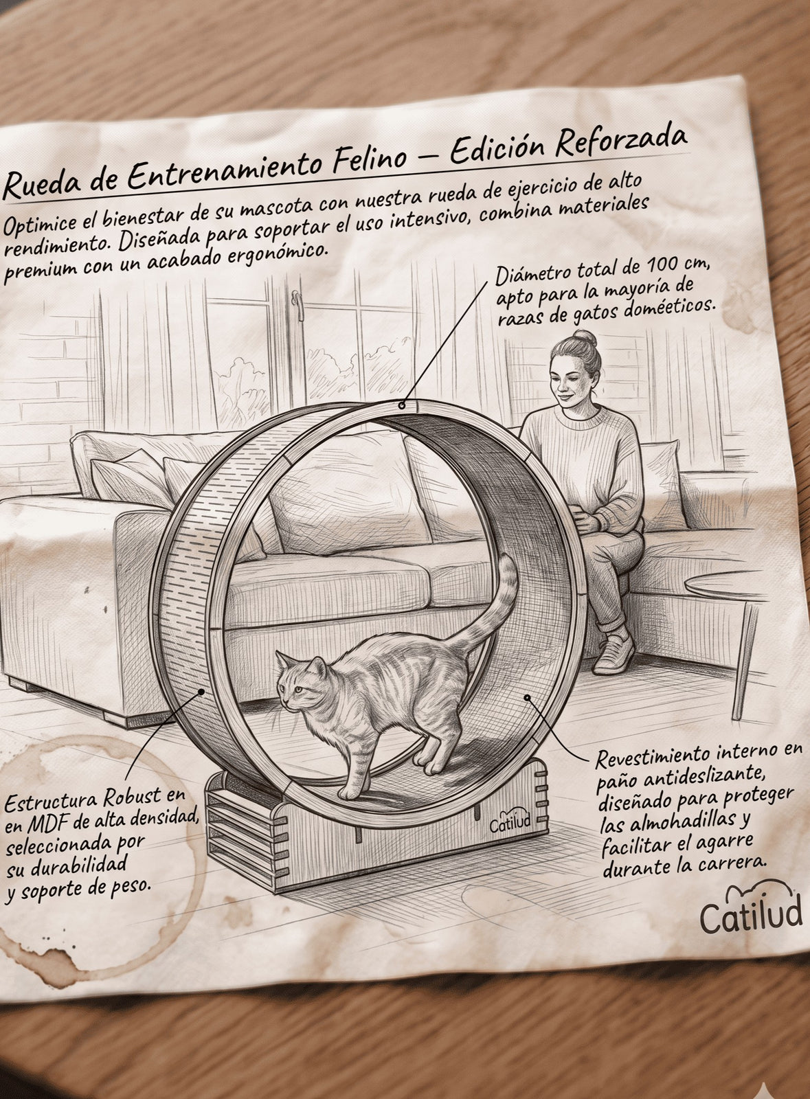 Gatitud Store reinforced cat exercise wheel, 100cm diameter, MDF construction with anti-slip cloth interior.