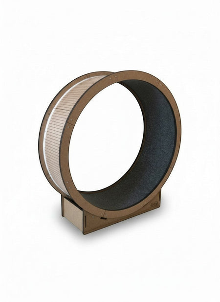 Gatitud Store natural wood cat exercise wheel, 80cm diameter, with grey carpeted interior for running and playing.