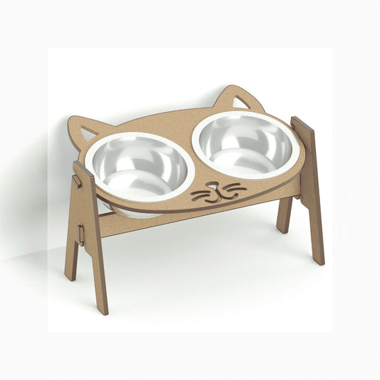 Comedero Elevado Doble para Gatos — Diseño Cara Felina Colombia — Madera mdf | Gatitud Colombia
