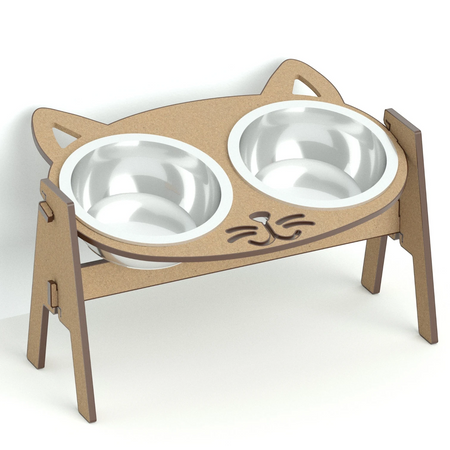 Gatitud Store cat face elevated pet feeder with two stainless steel bowls on a wooden stand.