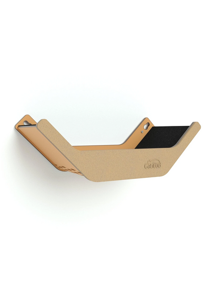 Gatitud Store V-shaped wall-mounted cat hammock with black fabric and natural wood finish. Ideal for elevated resting.