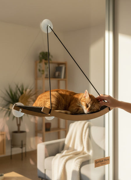 Gatitud Store medium cat hammock with black fabric surface and wood trim, attaches to window with suction cups.