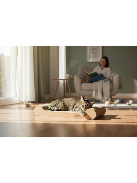 Gatitud Store horizontal corrugated cardboard cat scratcher and bed with wooden edges. A tabby cat rests on it.