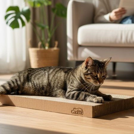 Gatitud Store horizontal corrugated cardboard cat scratcher, 22cm wide, doubles as a bed and toy.