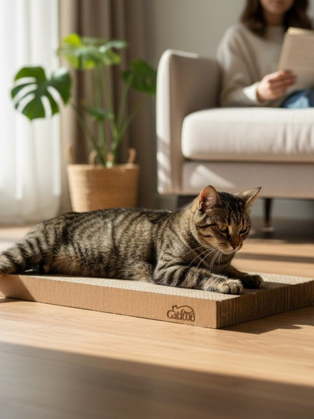 Gatitud Store horizontal corrugated cardboard cat scratcher, 22cm wide, doubles as a bed and toy.