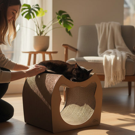 Gatitud Store modern curved corrugated cardboard cat scratcher lounge with cat ear cutout, brown
