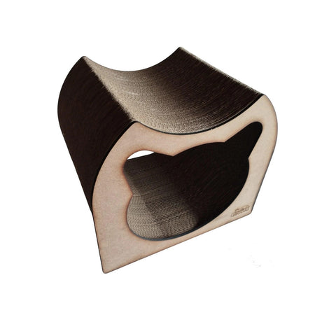 Gatitud Store modern brown corrugated cardboard cat scratcher lounge with tunnel and cat ear cutout.