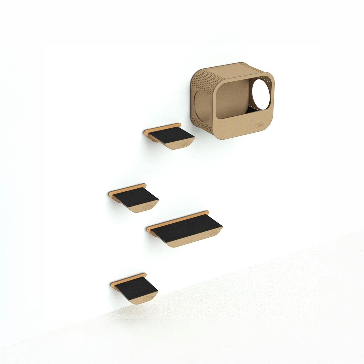 Gimnasio para Gatos de Pared COMBO D — Estantes y Cueva Madera MDF — Hamaca | Gatitud Colombia