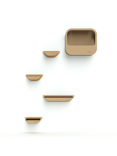 Gatitud Store modern tan cardboard cat shelves and condo set, wall-mounted, modular design for climbing and resting.