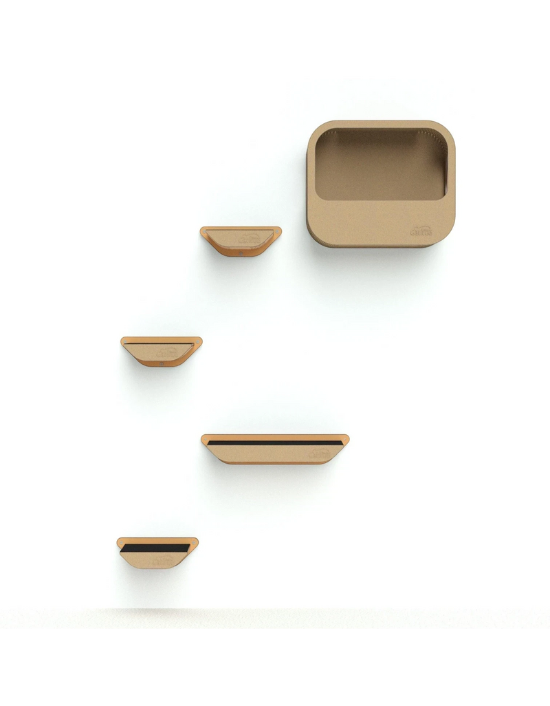 Gatitud Store modern tan cardboard cat shelves and condo set, wall-mounted, modular design for climbing and resting.