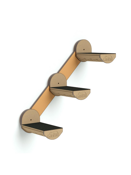 Gatitud Store wall-mounted cat shelves with carpeted steps and natural wood finish, modern design for vertical space.