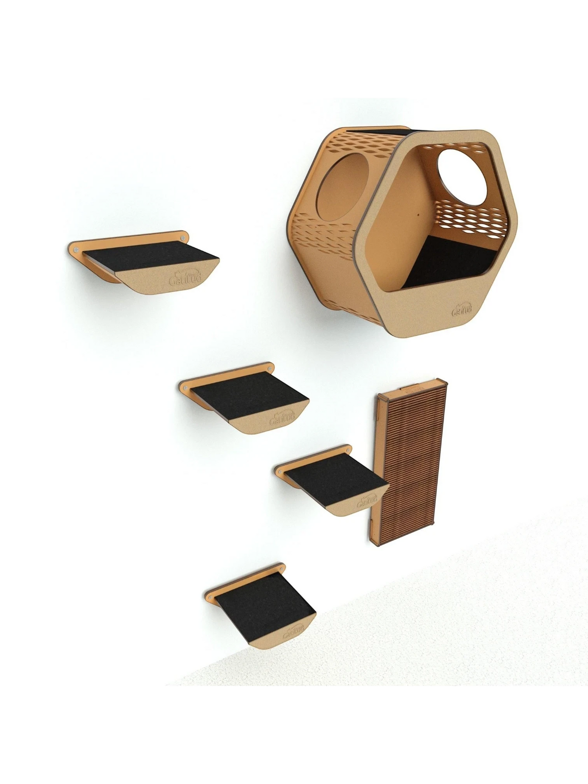 Gatitud Store modern wood cat wall furniture set with hexagonal hideaway, platforms, and scratching post.