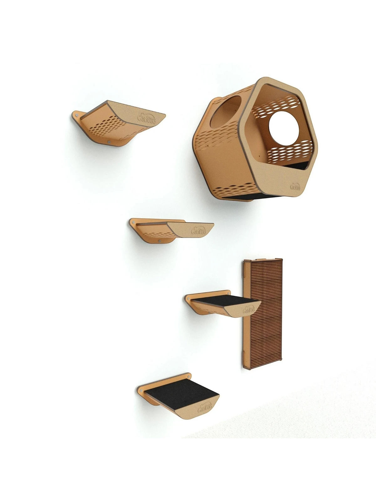 Gatitud Store modern wooden cat wall furniture set with platforms, hexagonal hideaway, and scratching post.
