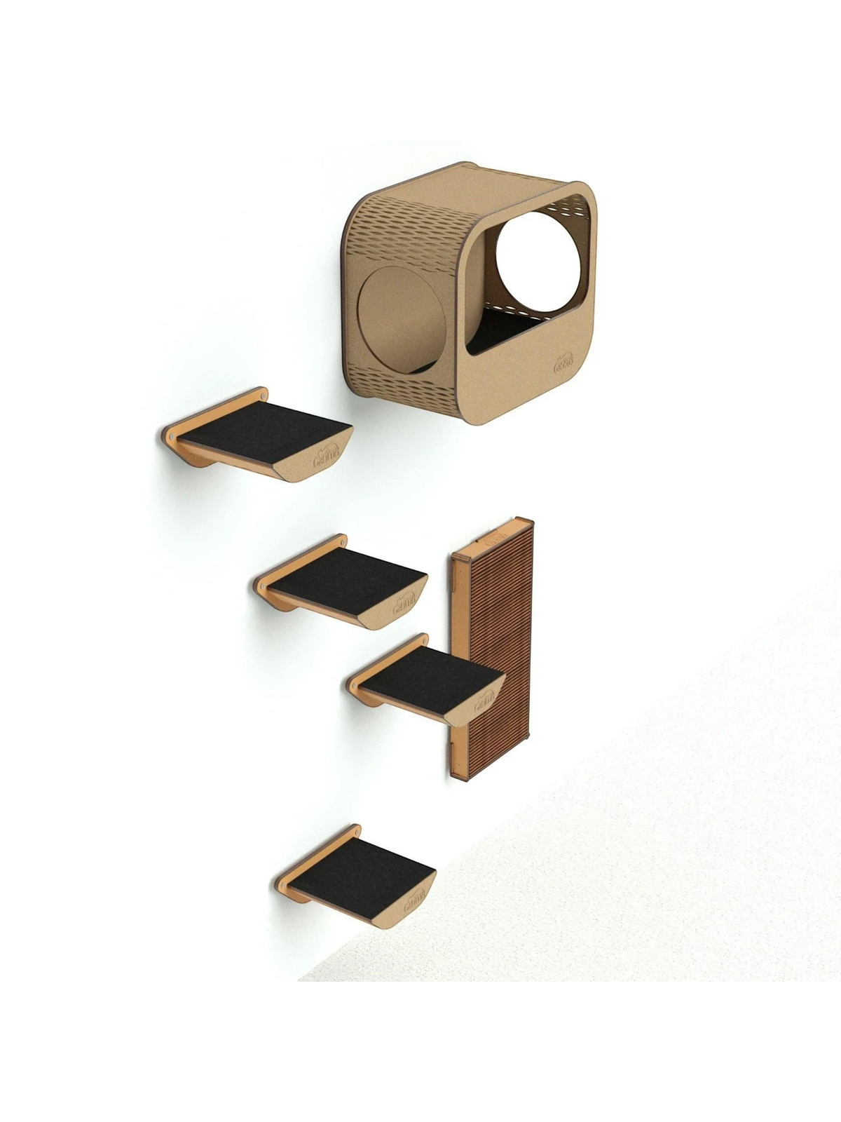 Gatitud Store modern wood cat wall furniture set with platforms, hexagonal hideaway, and scratching post.