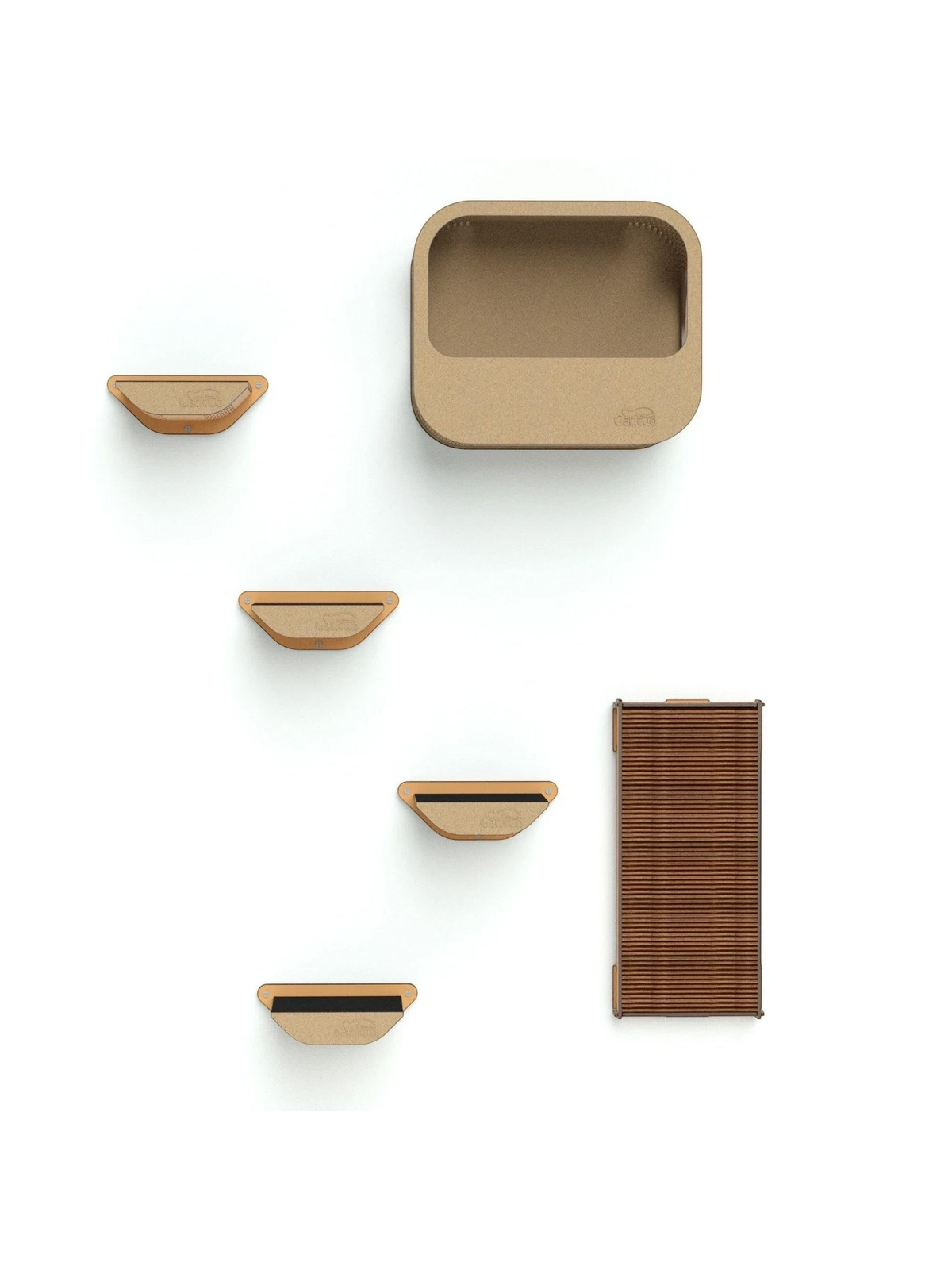 Gatitud Store modern wood cat wall furniture set with platforms, hexagonal hideaway, and scratching post.