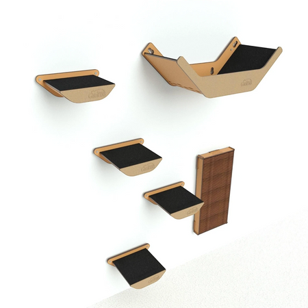 Gatitud Store modern wood cat wall furniture set with black non-slip surfaces, including platforms, a hideaway, and scratching post.