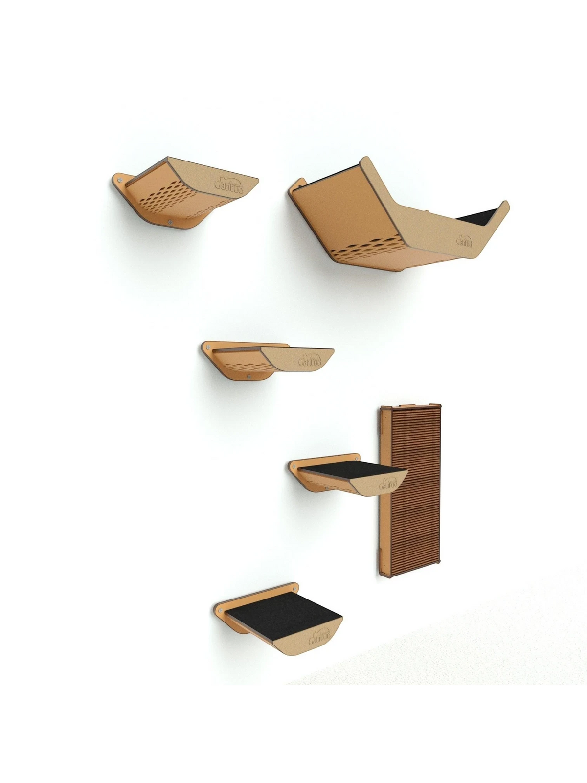 Gatitud Store modern wood cat wall furniture set with platforms and scratching post.
