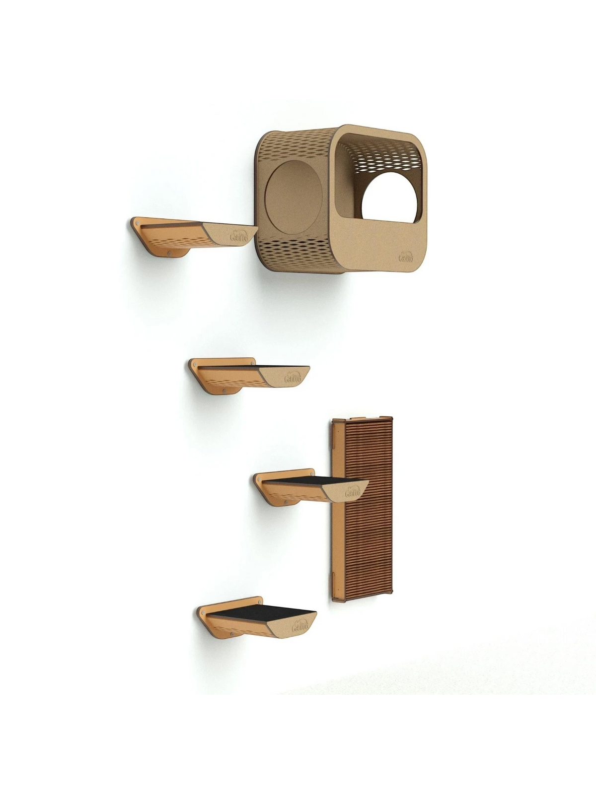 Gatitud Store modern wood cat wall furniture set with platforms, hexagonal hideaway, and scratching post.