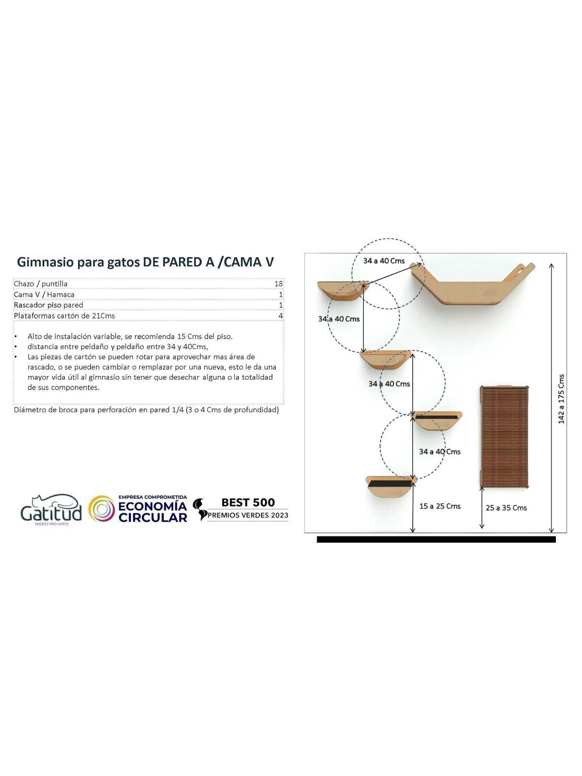 Gatitud Store modern wall-mounted cat gym with wooden platforms, a hammock, and scratching post. Beige wood.