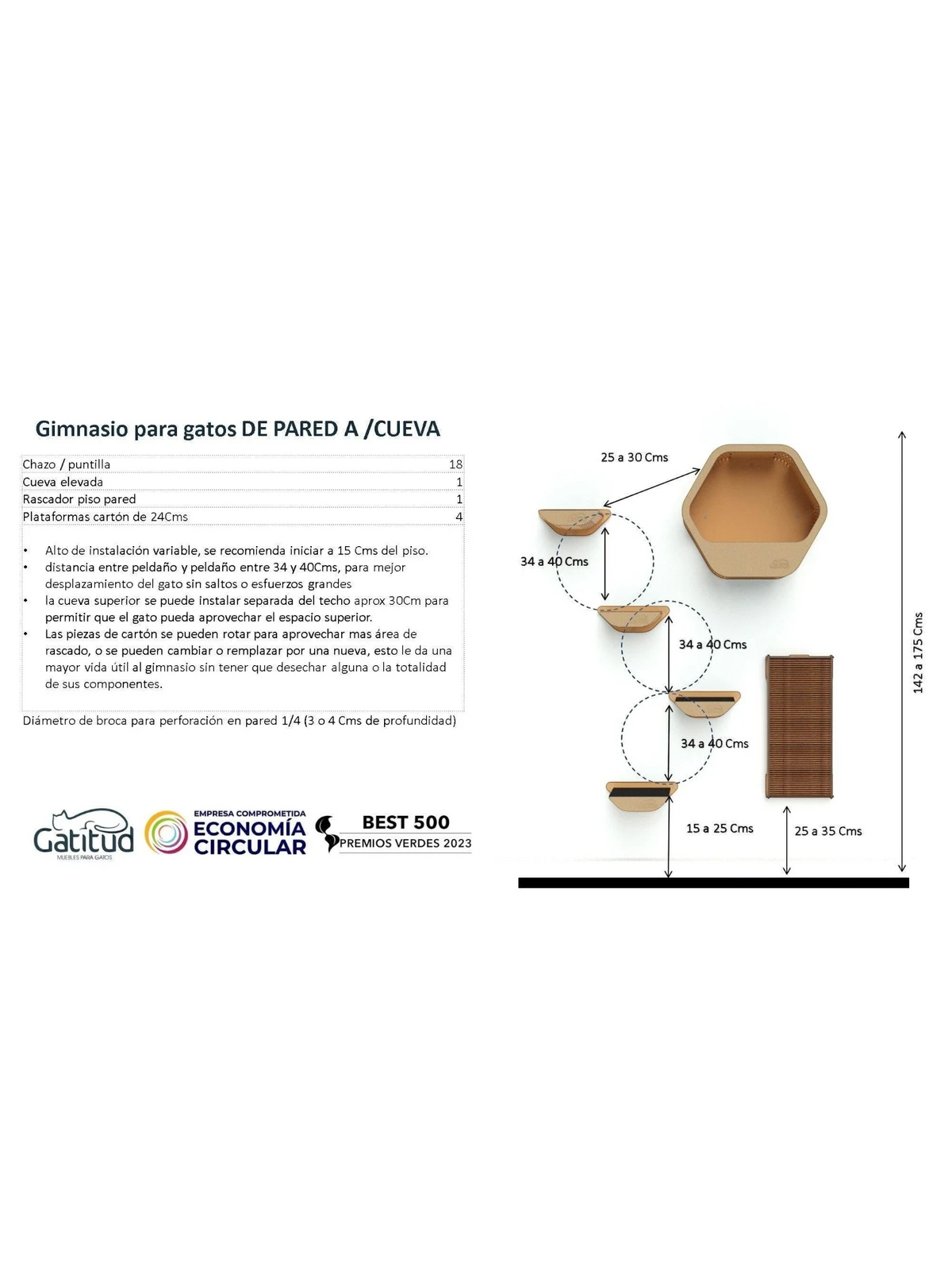 Gatitud Store wall-mounted cat gym with wooden platforms, hexagonal hideaway, and scratching post. Natural wood finish.
